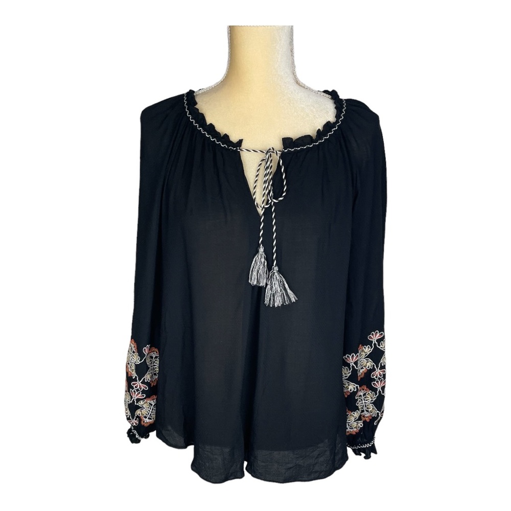 Max Studio Black Boho‎ Long Sleeve Blouse Top Embroidery on Sleeve Size XS